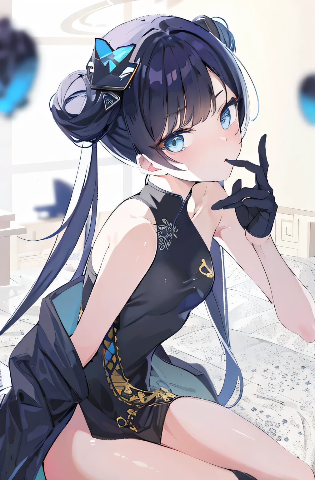 anime girl with black hair and blue eyes sitting on a bed, cute anime waifu in a nice dress, anime moe artstyle, anime girl wearing a black dress, seductive anime girl, (anime girl), cute elegant pose, inspired by Ma Yuanyu, guweiz, from girls frontline, anime waifu, attractive anime girl, by Shitao, beautiful anime girl, sex scene, hot pose