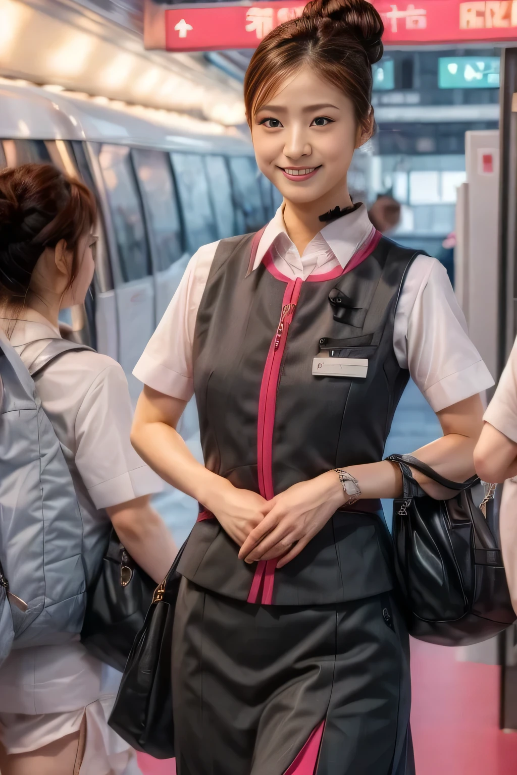(masterpiece:1.2, highest quality:1.2), 32K HDR, High resolution, (alone、1 girl)、（At the station platform、Professional Lighting）、Background of an empty station platform、（Realistic style of JR Gran Class crew wearing uniform）、Short sleeve blouse、a scarf around the neck、（JR Gran Class flight attendant uniform with pink parts on the skirt sleeves）、（JR Gran Class flight attendant uniform with pink line on front zipper of vest）、Dark brown hair、（Hair tied up、Hair Bun、Hair Bun）、Dark brown hair、Long Shot、Big Breasts、（（Great hands：2.0）），（（Harmonious body proportions：1.5）），（（Normal limbs：2.0）），（（Normal finger：2.0）），（（Delicate eyes：2.0）），（（Normal eyes：2.0））)、Luxury Necklace、smile、Beautiful standing posture,Place your hands around your stomach