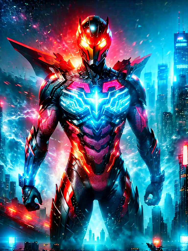 A tall superhero, standing confidently in his suit that glows with radiant energy. His suit is red and silver with glowing yellow patterns. His eyes are narrow and bright, behind a helmet which has a large fin-like structure. His hands are clenched into fists showing his willingness to fight. The background is the skyline of a bustling city under the blue sky.