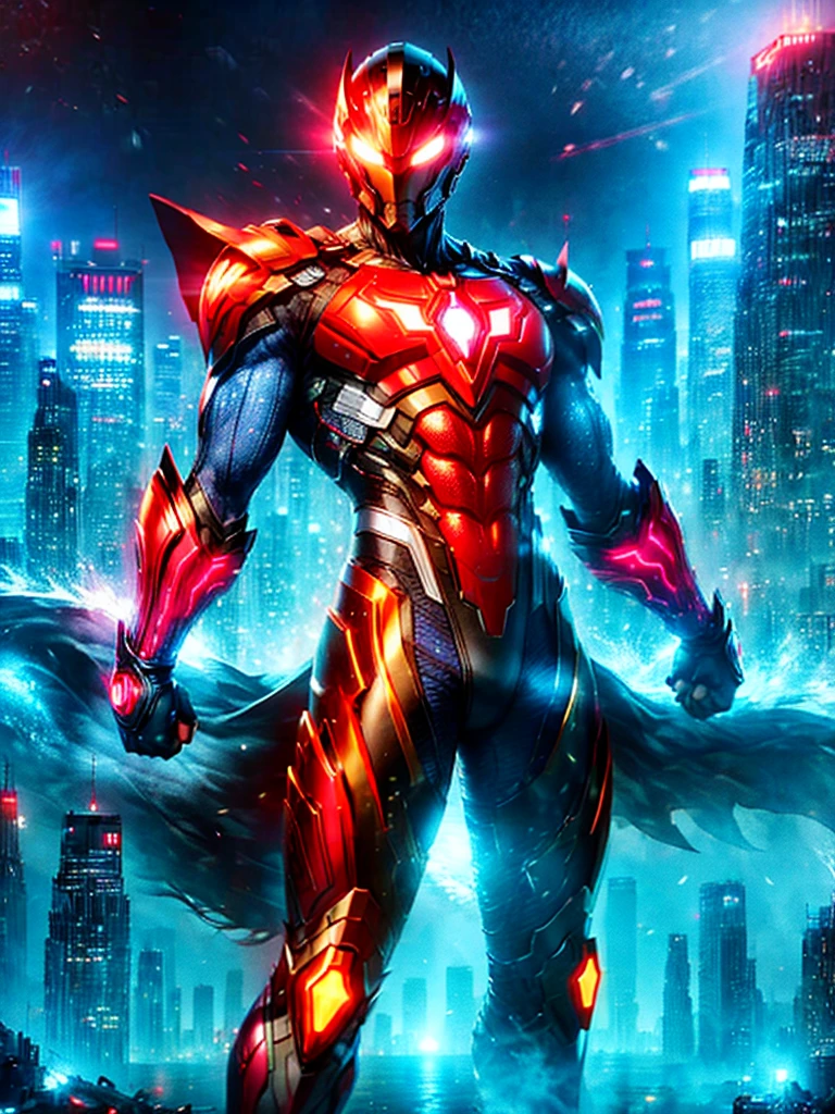 A tall superhero, standing confidently in his suit that glows with radiant energy. His suit is red and silver with glowing yellow patterns. His eyes are narrow and bright, behind a helmet which has a large fin-like structure. His hands are clenched into fists showing his willingness to fight. The background is the skyline of a bustling city under the blue sky.