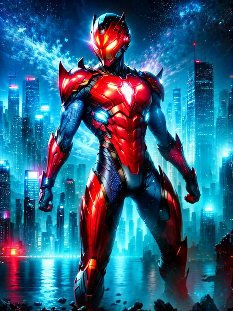 A tall superhero, standing confidently in his suit that glows with radiant energy. His suit is red and silver with glowing yellow patterns. His eyes are narrow and bright, behind a helmet which has a large fin-like structure. His hands are clenched into fists showing his willingness to fight. The background is the skyline of a bustling city under the blue sky.