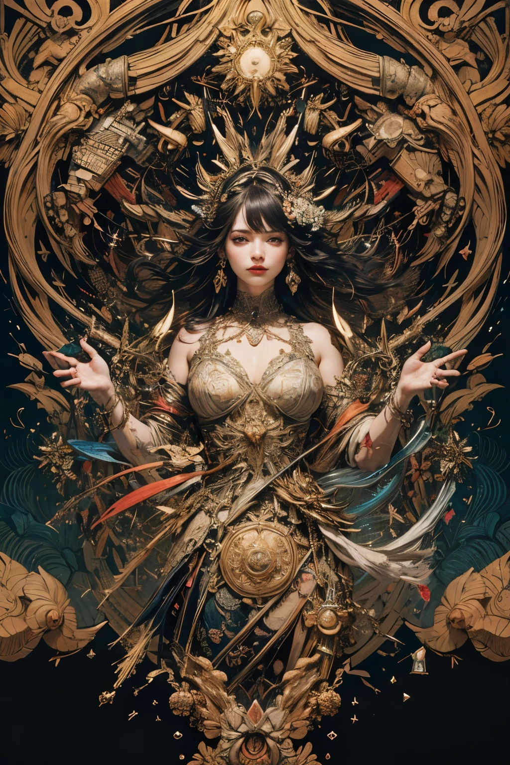 ((best quality)), ((masterpiece)), (detailed), perfect face official art, unity 8k wallpaper, ultra detailed, beautiful and aesthetic, masterpiece, best quality, (zentangle, mandala, tangle, entangle), (fractal art:1.3) , 1girl, extremely detailed, dynamic angle, cowboyshot, the most beautiful form of chaos, elegant, a brutalist designed, vivid colours, romanticism