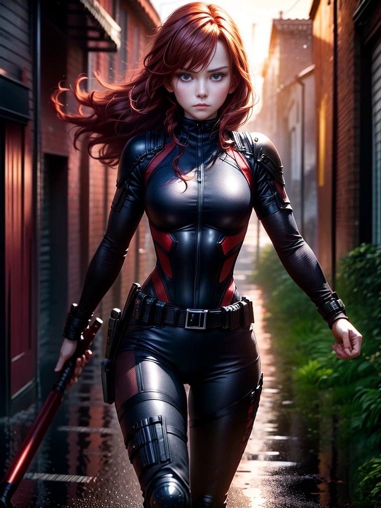 A young red-haired female character，Wearing a black tight combat suit，The belt is full of small tools，She strikes a vigorous fighting stance，Always ready for any challenge，She stands in front of a suburban background，This is a typical quiet neighborhood.，Her eyes were filled with determination.，Reflecting her fearless nature