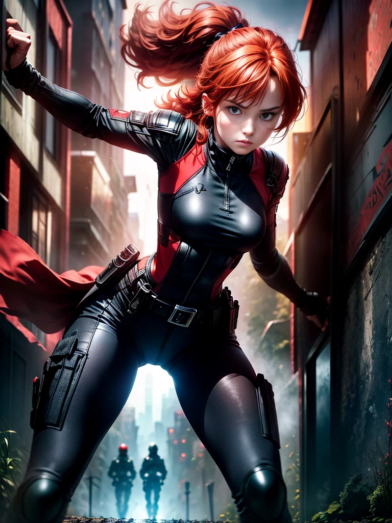 A young red-haired female character，Wearing a black tight combat suit，The belt is full of small tools，She strikes a vigorous fighting stance，Always ready for any challenge，She stands in front of a suburban background，This is a typical quiet neighborhood.，Her eyes were filled with determination.，Reflecting her fearless nature