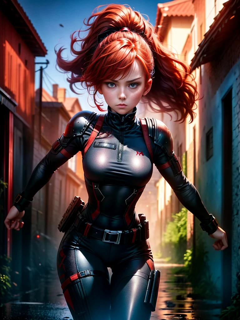 A young red-haired female character，Wearing a black tight combat suit，The belt is full of small tools，She strikes a vigorous fighting stance，Always ready for any challenge，She stands in front of a suburban background，This is a typical quiet neighborhood.，Her eyes were filled with determination.，Reflecting her fearless nature