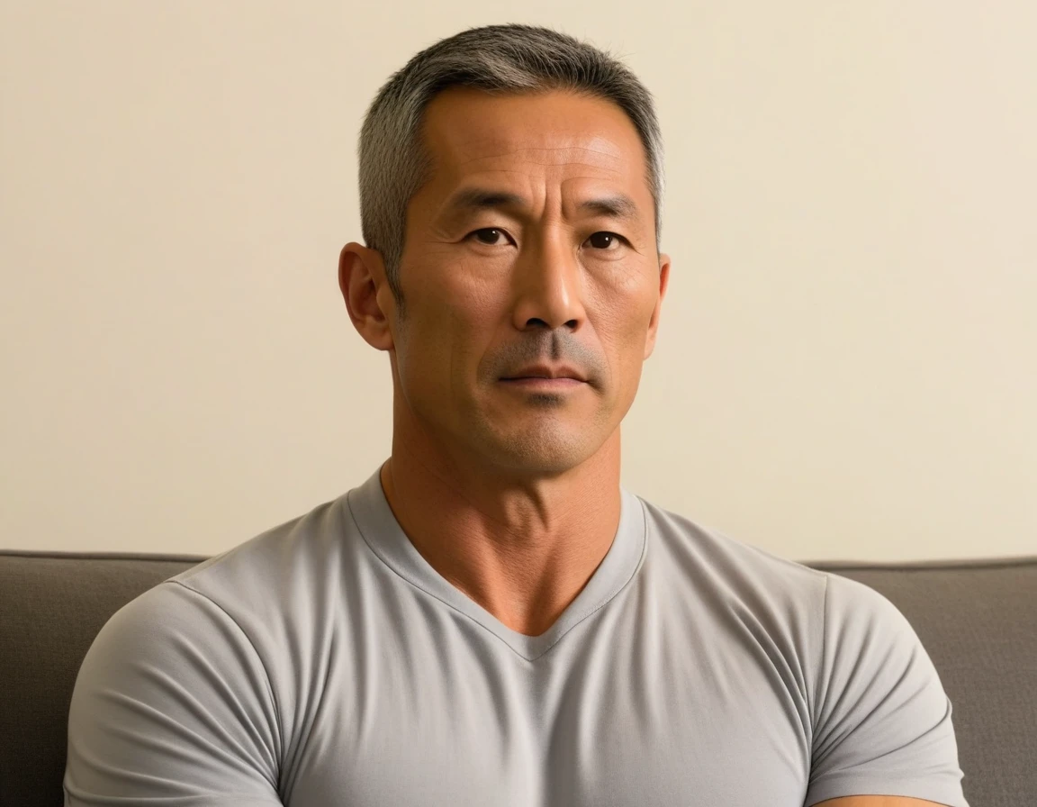 1man, japanese dilf, physical education teacher, 40yo, boned nose, gray hair, tanned skin, forehead, handsome, masculine, sharp square face, middle-muscular, stocky waist, BREAK solo, simple shirt, sitting on sofa, wideshot, interview scene, upperbody, 8k, sharp focus, extreme all detailed