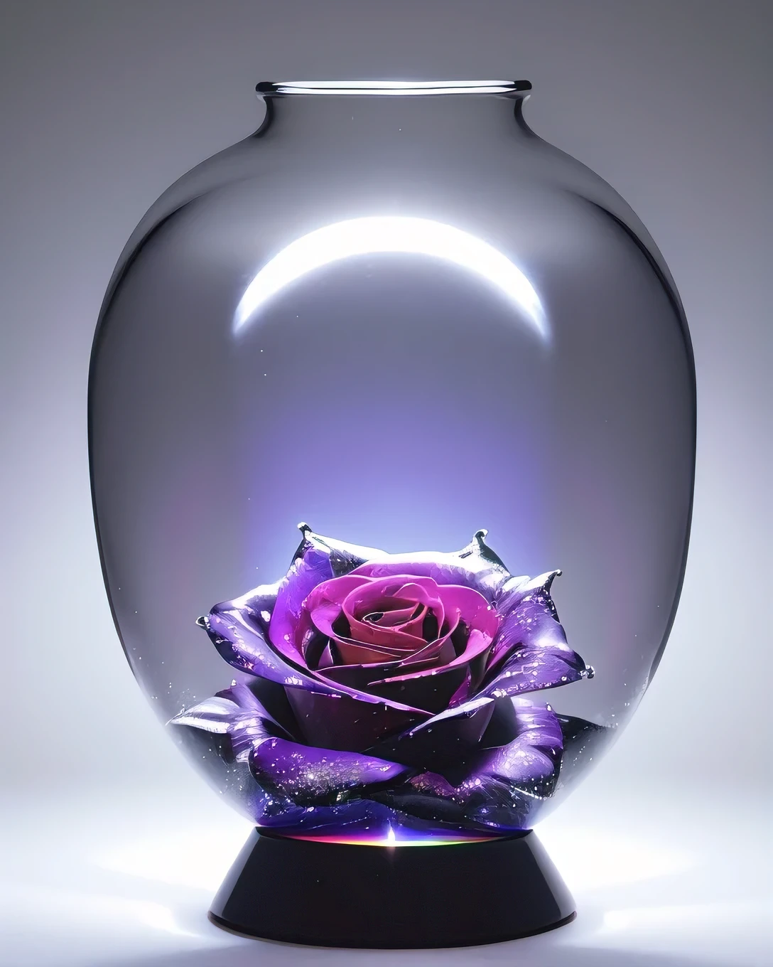 A masterpiece of the highest quality and extreme detail. In a bottle decorated with sophisticated high-tech equipment、A single transparent black rose is placed in the vase.。. State-of-the-art technology, Futuristic Art, A work of art never seen before on Earth. Zoom in. Vibrant, high-contrast colors. A black rose made with the ultimate DNA, It emits a mysterious rainbow aura and illuminates the space.. It's a creative atmosphere. Realistic, Like a real photo.