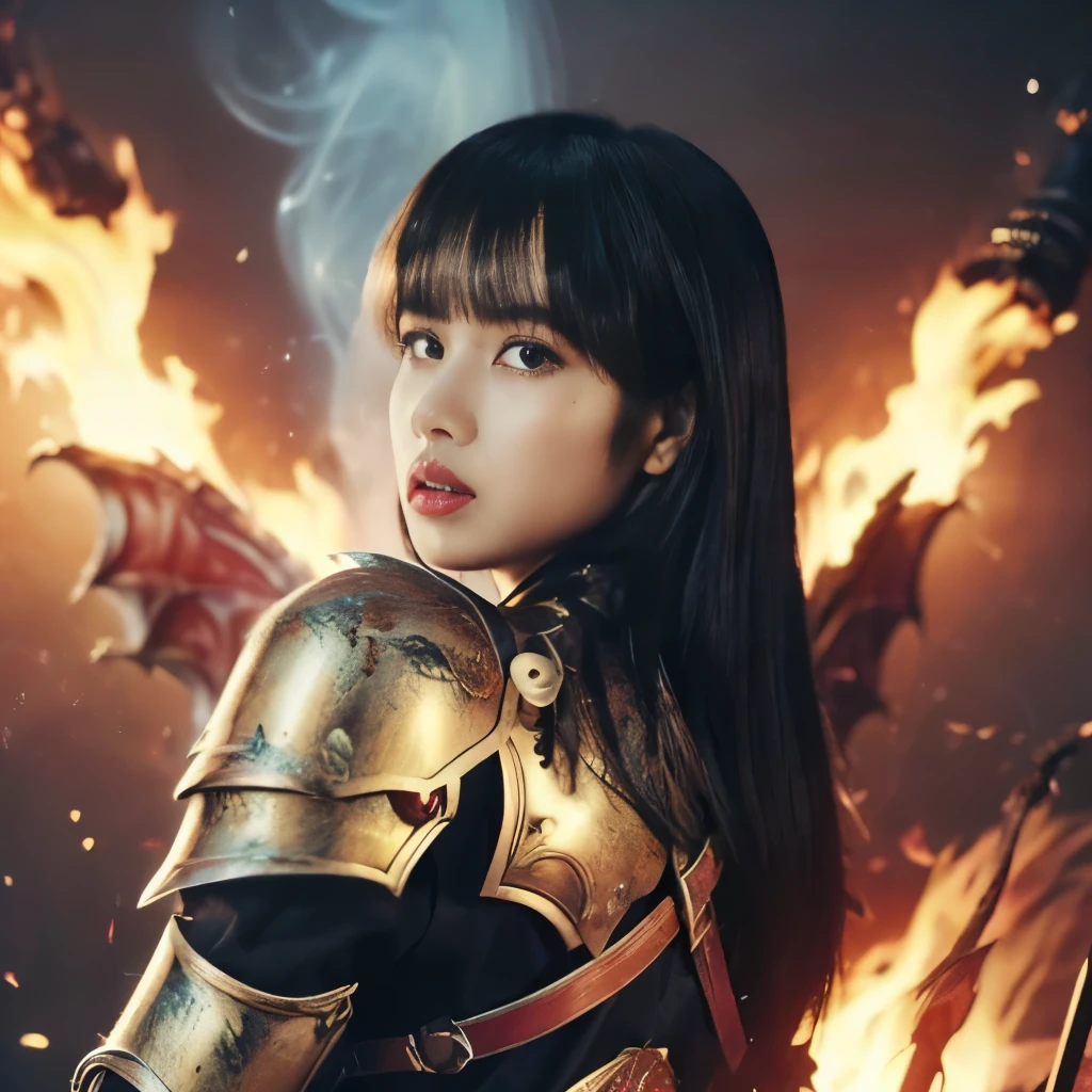 (((Realistic, masterpiece, best quality, crisp detail, high definition, high detail, sharp focus, perfect studio lightning, rich color, very rich detail))), 20 years old ((lisa blackpink)), wearing ((full decorated heavy golden armor, beautiful decorated armor, full body armor)), ((long straight, rainbow color)) hair, ideal body, big breast, dirty, sweating, ((bloodstained face, blood scattered armor, long blood scattered sword hanged on back, fire tornado)),(( fire everywhere, smoke everywhere, blood everywhere, death everywhere,)), ((( fierce dragon, colossal war,hell)) background), war zone, battle ground