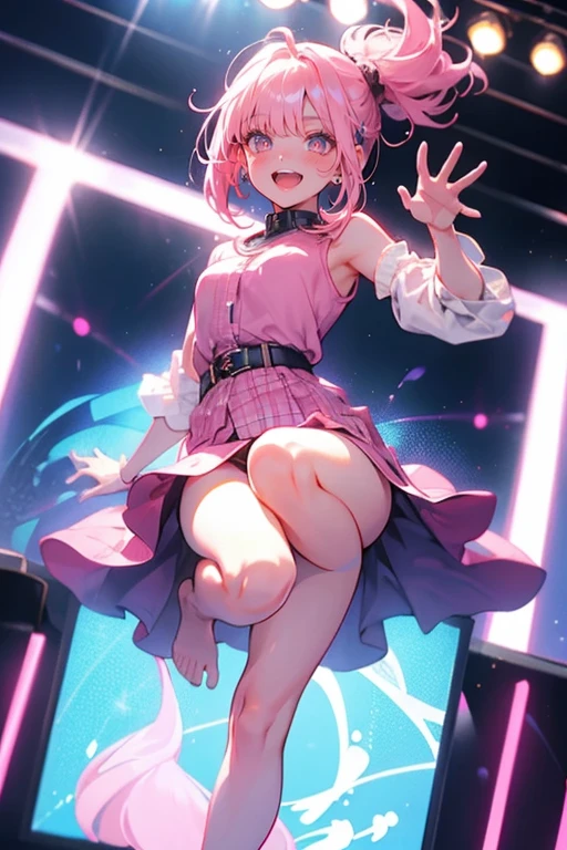 1girl,solo,smile,pink hair,leg up,barefoot,foot focus,foot up,show sole,in karaoke place,low angle