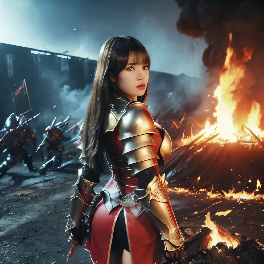(((Realistic, masterpiece, best quality, crisp detail, high definition, high detail, sharp focus, perfect studio lightning, rich color, very rich detail))), 20 years old ((lisa blackpink)), wearing ((full decorated heavy golden armor, beautiful decorated armor, full body armor)), ((long straight, rainbow color)) hair, ideal body, big breast, dirty, sweating, ((bloodstained face, blood scattered armor, long blood scattered sword hanged on back, fire tornado)),(( fire everywhere, smoke everywhere, blood everywhere, death everywhere,)), ((( fierce dragon, colossal war,hell)) background), war zone, battle ground
