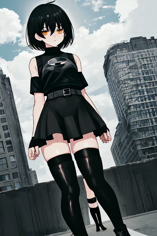 Giant femboy, long black thigh-high stockings, black arm warmers, black top, black skort, black converse boot sneakers, clouds on the wrists, short black broken hair, Latin, Latin, tiny city 