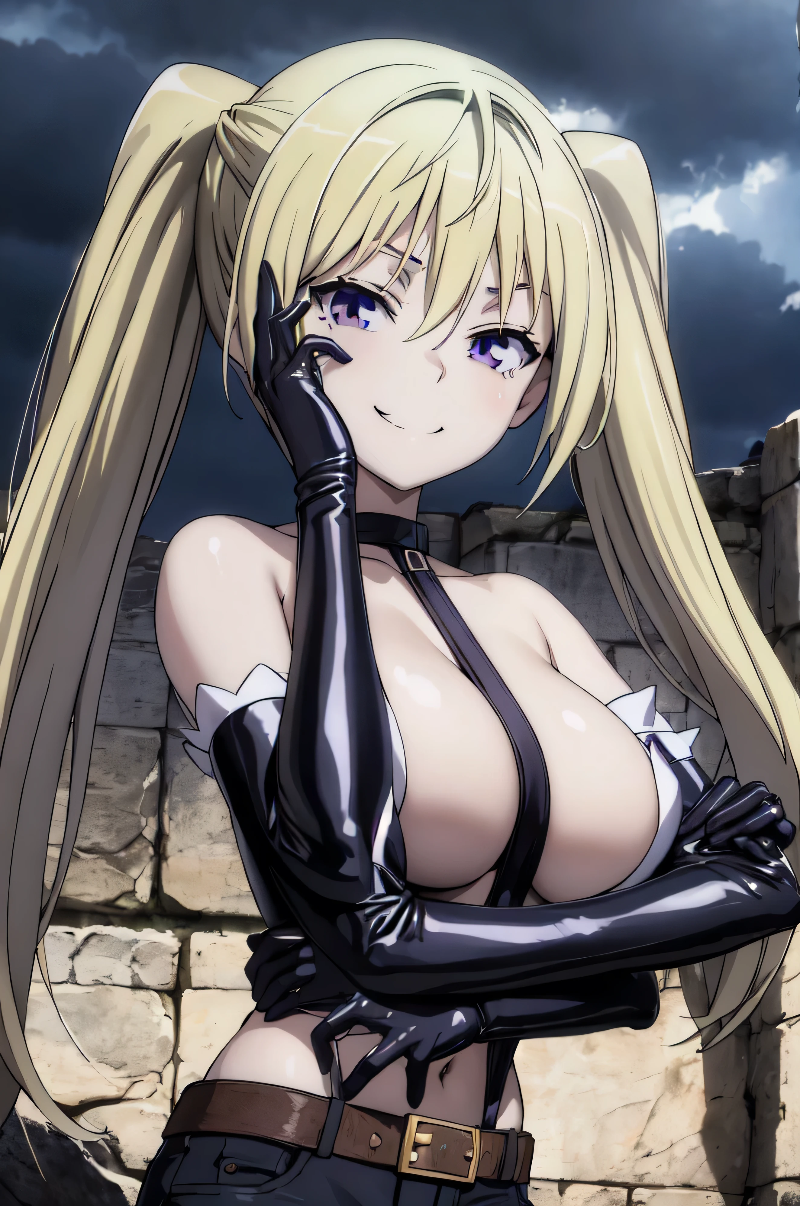 (masterpiece, best quality), 1girl, lieselotte sherlock,high quality, extremely detailed, ,(dark and stormy skies, lightning)(masterpiece:1.0),(Highest_quality:1.0), 超High resolution,4k,Super detailed, photo shoot, 8K, HDR, High resolution, disorganized:1.2, twintail,,looking at viewer,latex,elbow gloves,,, ,official art,short pants,(beautiful_face:1.5),(narrow_waist),,Highly detailed CG Unity 8K wallpaper, perfect lighting,laugh at,,looking at viewer,;smile worst,smile evil,upper body,evil smile,