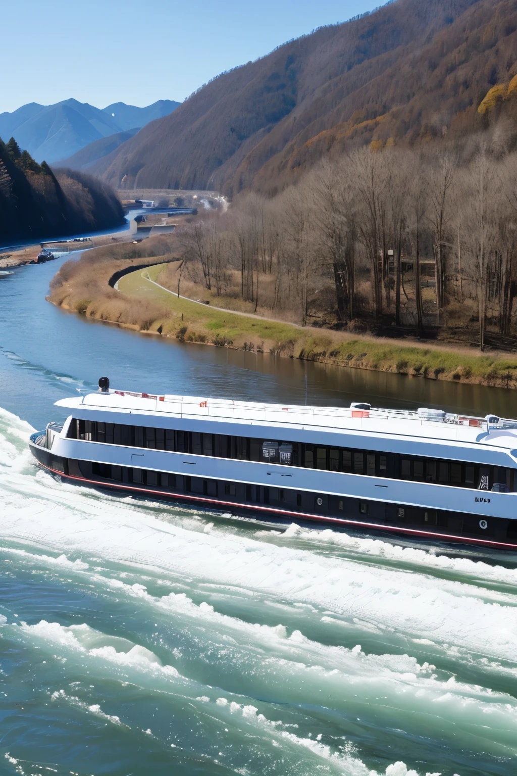 「Hozugawa River Cruise」Midwinter、Harsh winter、全部pure white、it's snowing、There are rapids and huge rocks scattered around.、it's snowing、Freezing、pure white、Close-up、Splash。
