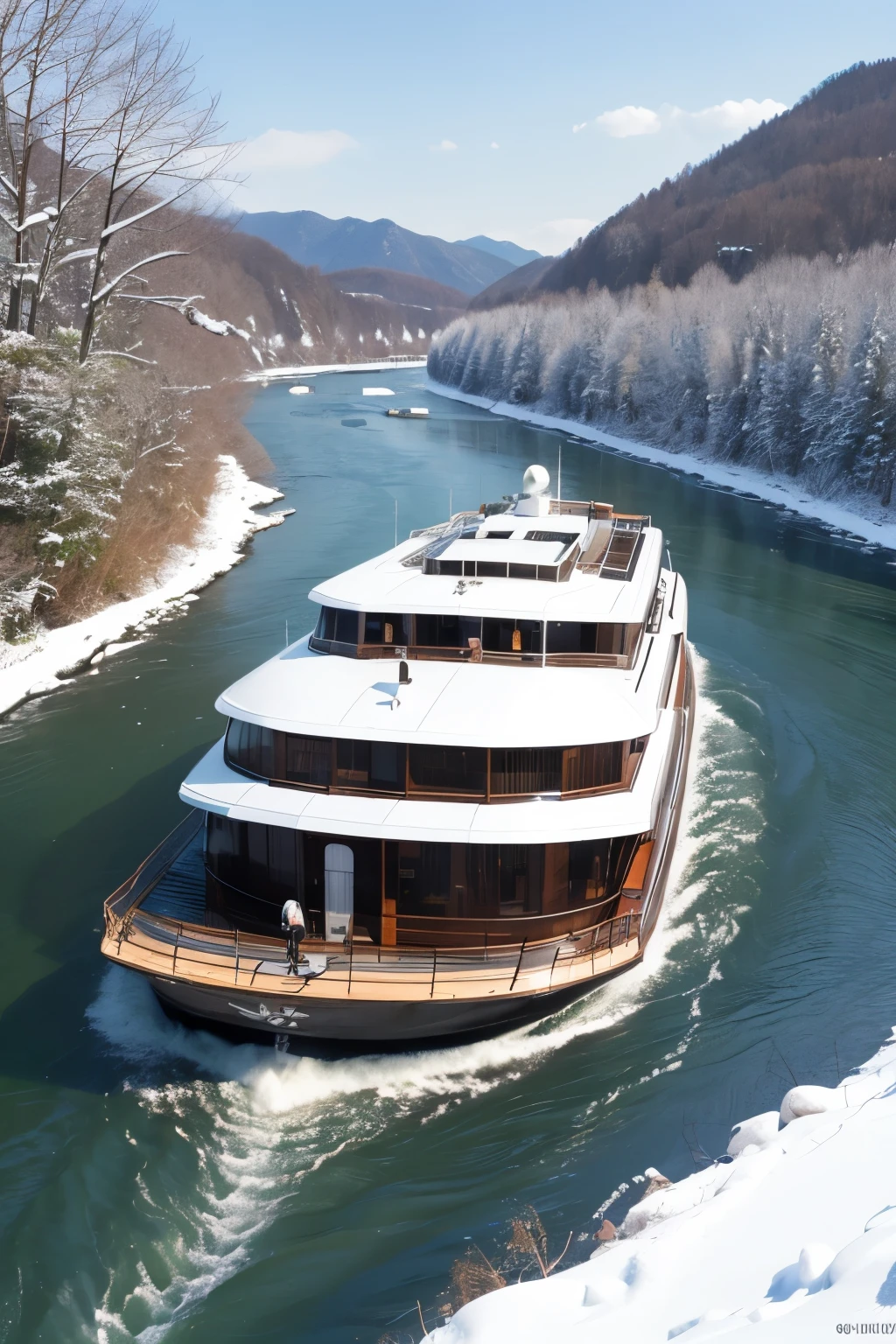 「Hozugawa River Cruise」Midwinter、Harsh winter、全部pure white、it's snowing、There are rapids and huge rocks scattered around.、it's snowing、Freezing、pure white、Close-up、Splash。