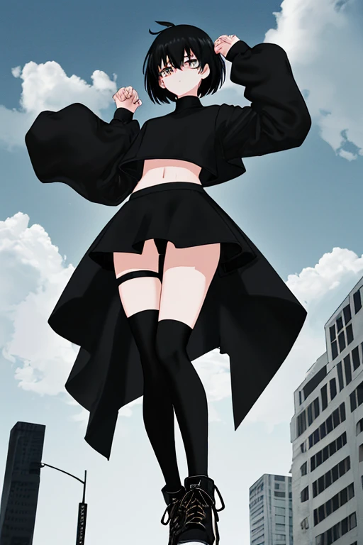 Giant femboy, long black thigh-high stockings, black arm warmers, black top, black skort, black converse boot sneakers, clouds on the wrists, short black broken hair, Latin, Latin, tiny city