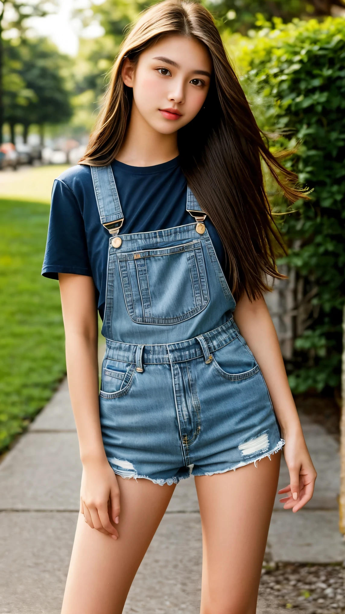 Ultra-detailed portrait of a stunning 19-year-old girl with long hair, posing confidently in an Instagram-inspired pose. Standing tall, she gazes directly into the lens with perfect lighting casting a warm glow on her features. Her denim relaxed shorts are mid-wash blue, accentuating her toned legs and youthful charm. The overall framing is sharp and crisp, showcasing the masterpiece's high resolution and intricate details.