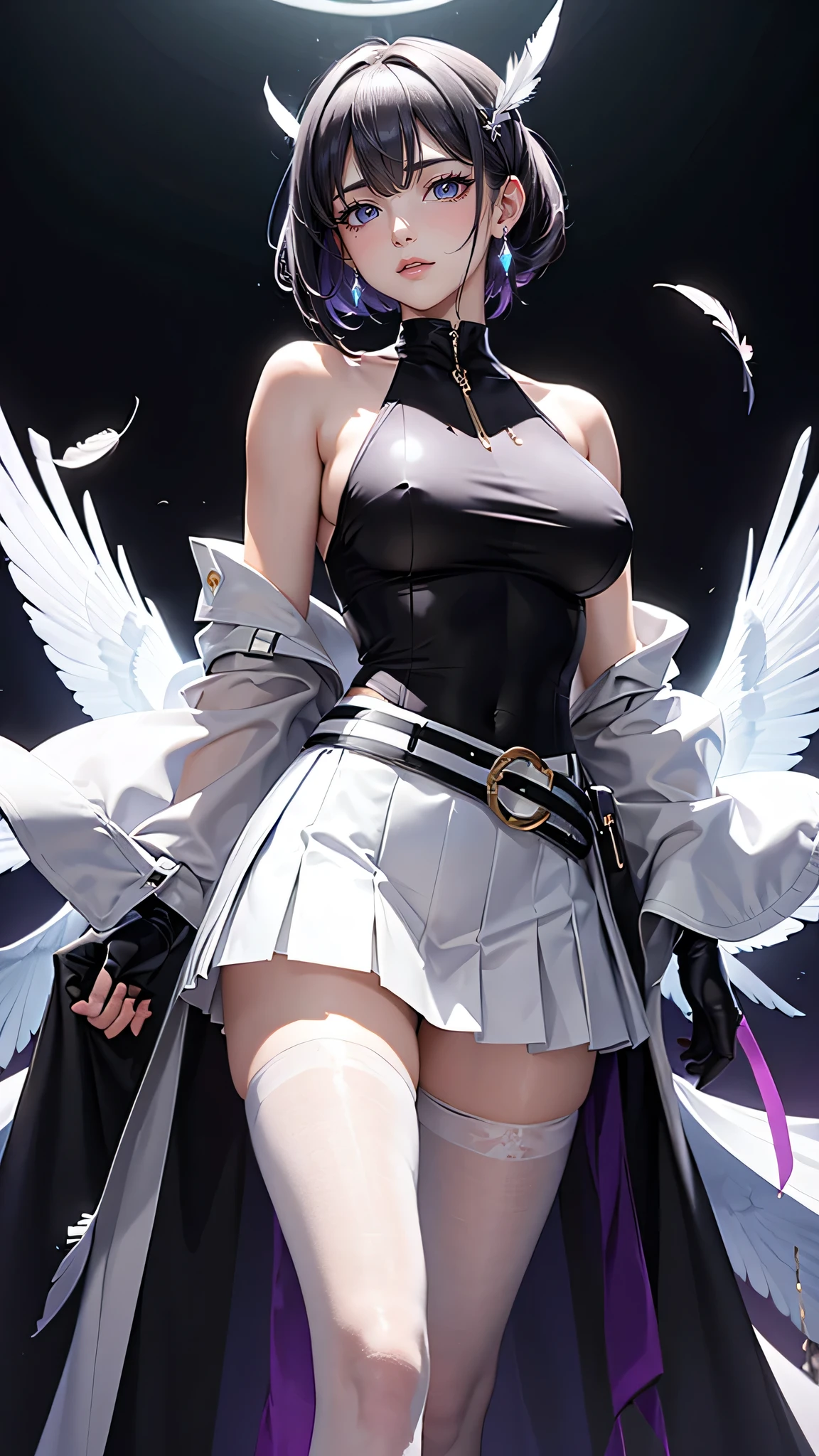 masterpiece,Best quality,Ultra-high resolution,Super rich detail,High-quality characters,High contrast,Exquisite facial features,4k,8k,Detailed light and shadow,Cool light source,Cool handsome type,Future science fiction style,Gradient hair,Charming medium-length hair,Hair accessories,Showing collarbone,Spliced short sleeves,Tight transparent vest,Shoulder Straps,Gradient color outerwear jacket,belt,Pleated skirt,Gap Black Edge,White pantyhose(1.1),Delicate silver jewelry,{One hand on waist|One-handed skirt lift|Grasp the breasts with both hands|Grasp your thigh with one hand},Decoration,Transparent silk long gloves,Tight Silk,earring,Handmade,Slightly blushing,Half Wing,Sci-fi style interior background,Feathers falling beside me,Poker cards falling,Light purple black silver light pink white light red,
