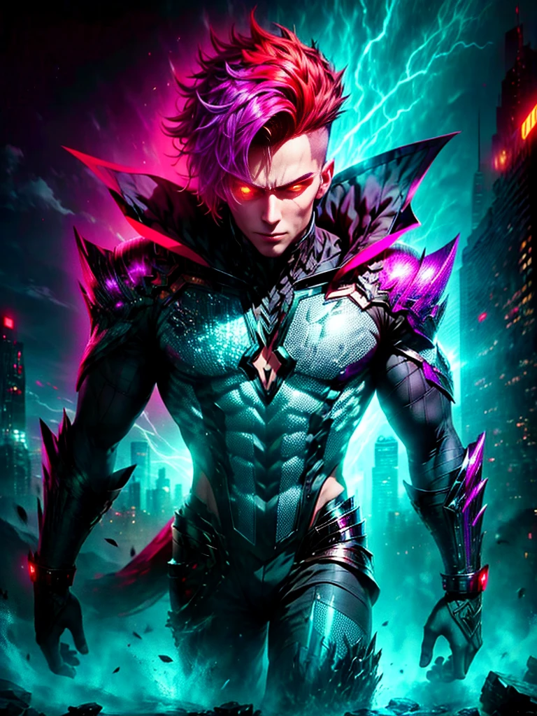 Imagine a supervillain standing atop a tall skyscraper, looking down at the city below. The villain is male and Black, with bright red hair styled in a spiked, eye-catching cut. He's clad in a dazzling, futuristic attire color-coordinated in shades of vibrant violet and electric blue, accented with gleaming silver metallic pieces. His facial expression is one of determined ambition, a sign of his longing for conquest. His eyes, an eerie luminous green, exude an unsettling sense of power. Around him, the slow swirl of dark clouds darken the skies, juxtaposing his vibrant attire and highlighting the imminent danger his presence suggests.
