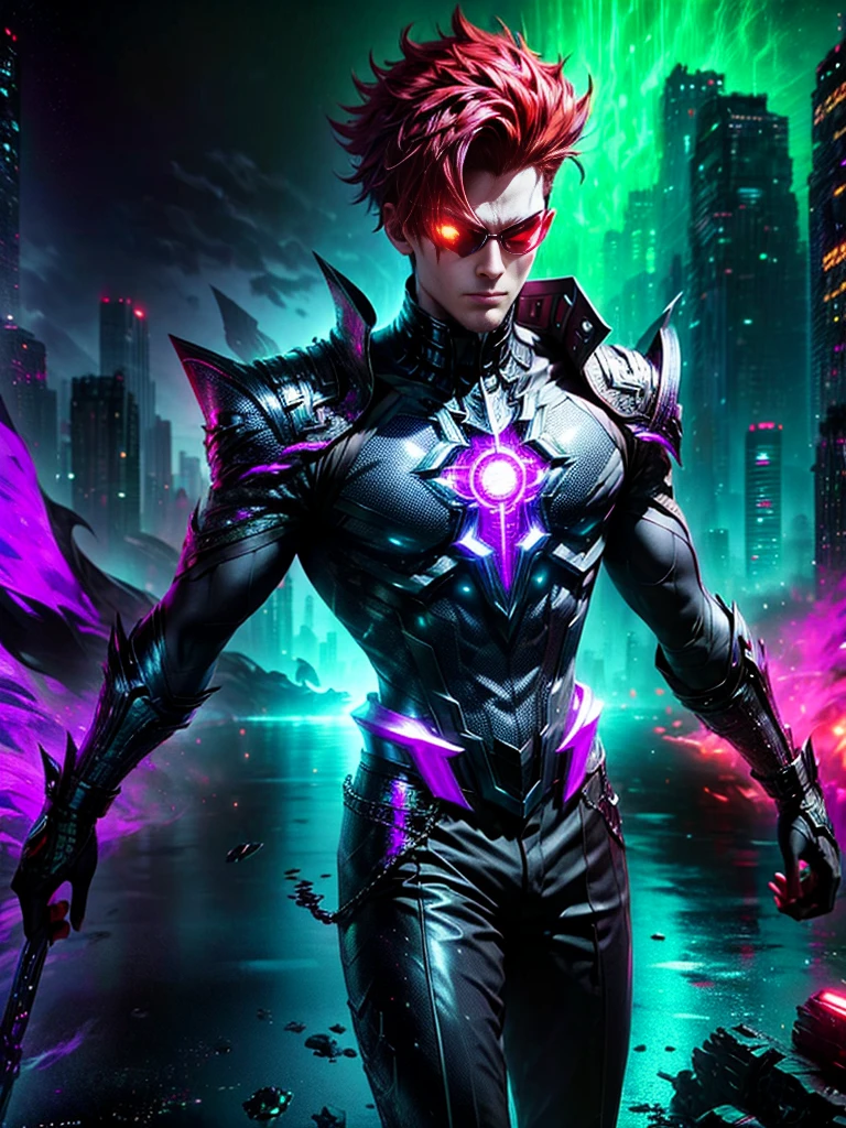 Imagine a supervillain standing atop a tall skyscraper, looking down at the city below. The villain is male and Black, with bright red hair styled in a spiked, eye-catching cut. He's clad in a dazzling, futuristic attire color-coordinated in shades of vibrant violet and electric blue, accented with gleaming silver metallic pieces. His facial expression is one of determined ambition, a sign of his longing for conquest. His eyes, an eerie luminous green, exude an unsettling sense of power. Around him, the slow swirl of dark clouds darken the skies, juxtaposing his vibrant attire and highlighting the imminent danger his presence suggests.