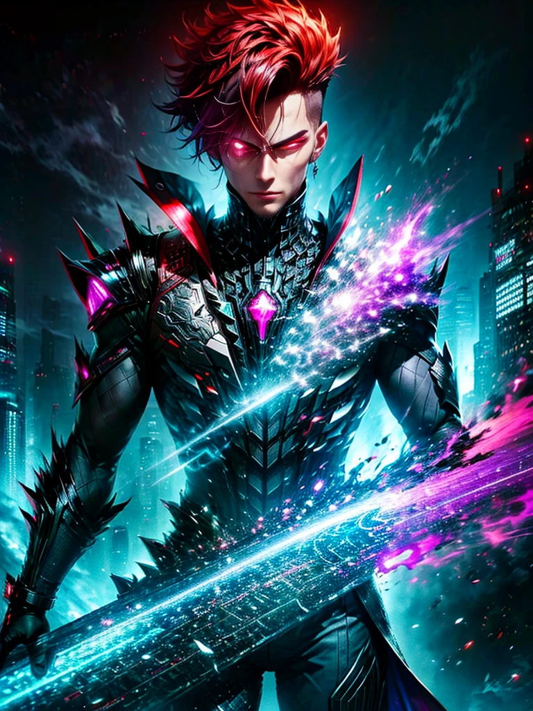 Imagine a supervillain standing atop a tall skyscraper, looking down at the city below. The villain is male and Black, with bright red hair styled in a spiked, eye-catching cut. He's clad in a dazzling, futuristic attire color-coordinated in shades of vibrant violet and electric blue, accented with gleaming silver metallic pieces. His facial expression is one of determined ambition, a sign of his longing for conquest. His eyes, an eerie luminous green, exude an unsettling sense of power. Around him, the slow swirl of dark clouds darken the skies, juxtaposing his vibrant attire and highlighting the imminent danger his presence suggests.