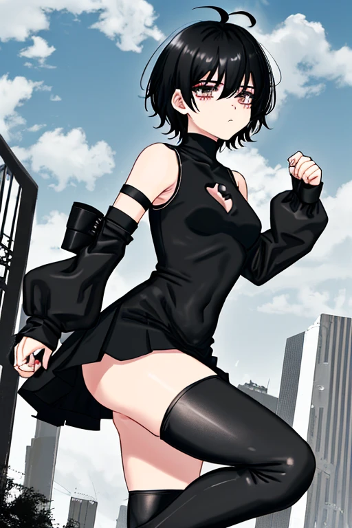 Giant femboy, long black thigh-high stockings, black arm warmers, black top, black skort, black converse boot sneakers, clouds on the wrists, short black broken hair, Latin, Latin, tiny city