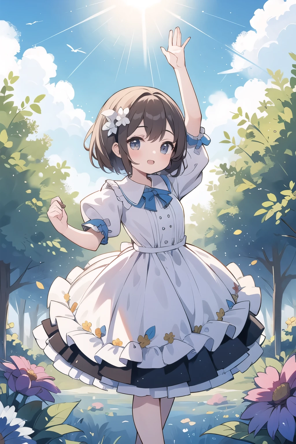 a ,En un campo de flores,Girando y bailando,cielo hermoso y colorido