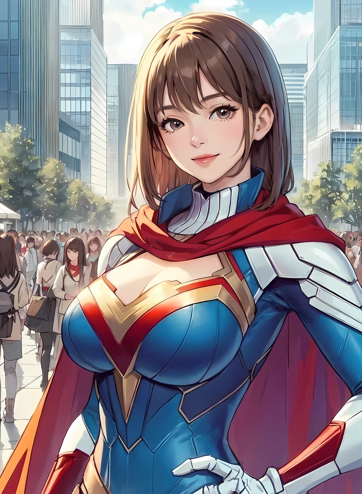 1lady standing, cosplayer, (superhero costume) stylish, belt, (mature female:0.9), /(beige brown hair/) bangs, kind smile, (masterpiece best quality:1.2) delicate illustration ultra-detailed, large breasts BREAK (anime-related event) outdoors, (outdoor venue), square, crowded, audience, noon, detailed background