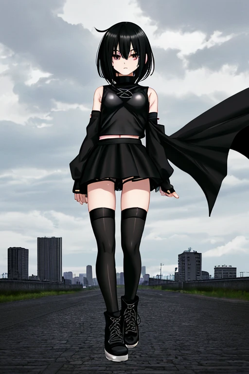 Giant femboy, long black thigh-high stockings, black arm warmers, black top, black skort, black converse boot sneakers, clouds on the wrists, short black broken hair, Latin, Latin, tiny city, tiny guy