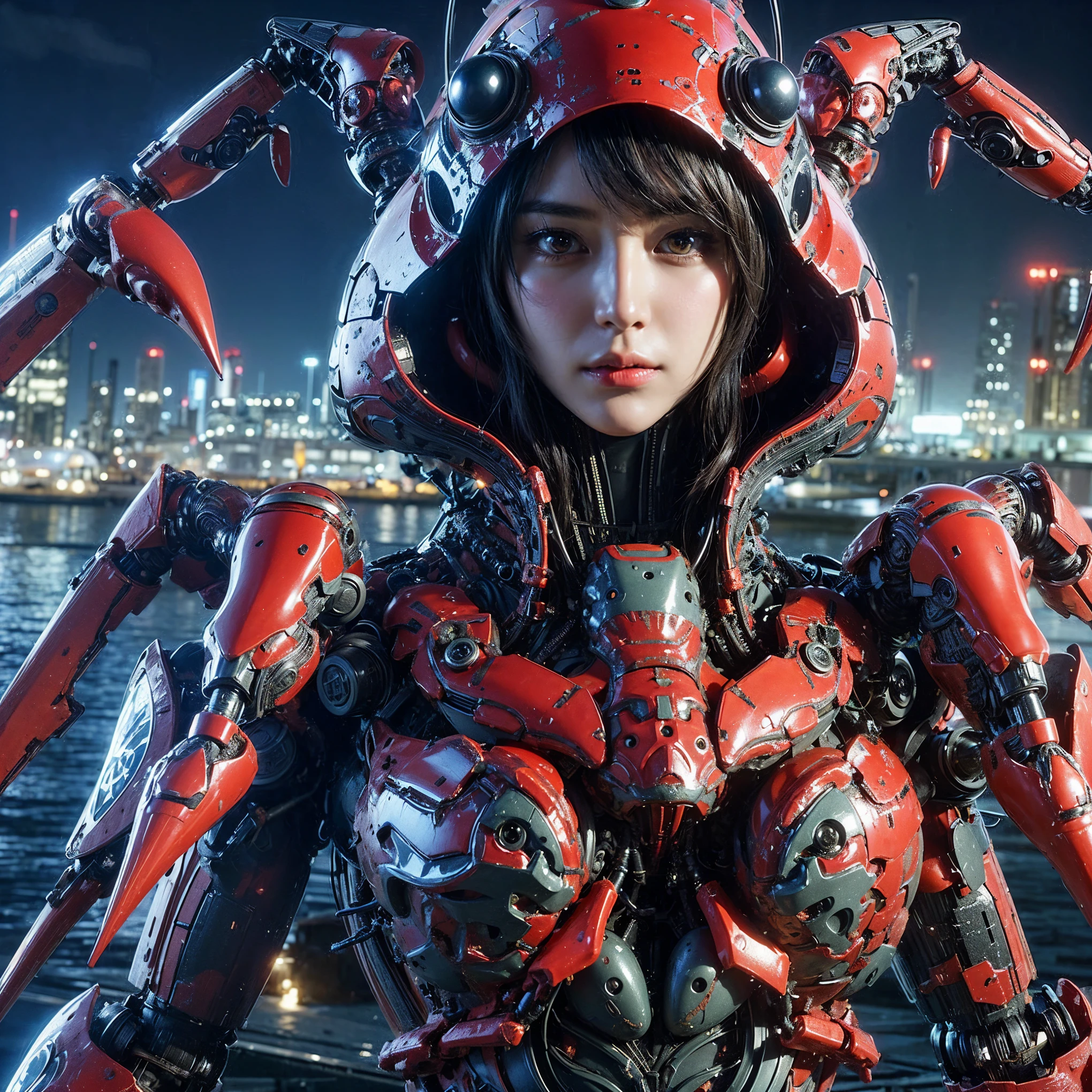 masterpiece、highest quality、(Extremely intricate details)、(Extremely realistic texture)、gloss々Texture、A cicada-like bio-insect suit designed by Hajime Katoki、1 person、Ultra-realistic photos of beautiful female soldiers、Night view of the bayside industrial area、battle、Please generate at least 4 copies.