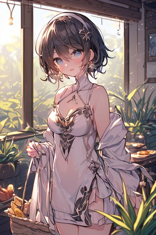 (perky chest:1.2), (pointed chest:1.2),(((Black Tunic:1.3))),(((cakes and bread in the basket),Cute and beautiful girl,Cute round face,Cute smile,with blush cheeks,Red Lip,solo, looking at viewer, open mouth, have a cute grass of cute beergrass,black hair, dark green eyes, dress, bare shoulders, jewelry, collarbone, sidelocks, hairband, earrings, indoors, off shoulder, sweater, arms behind back, plant, short hair with long locks, gild hairband, off-shoulder dress, sweater dress, off-shoulder sweater, black sweater, dark gord hair, big side hair, very long side hair,is rendered in (masterpiece: 1.2, best quality), with (ultra high resolution) and an exquisite (depth of field),(Bangs are see-through bangs),hair pin,hair adornments,detailed clothes features,Detailed hair features,detailed facial features,(Dynamic angles),(Dynamic and sexy poses),Cinematic Light,(masutepiece,top-quality,Ultra-high resolution) ,(The 8k quality,Anatomically accurate facial structure,),(Sea Art 2 Mode:1.3),(Image Mode Ultra HD) ,(Hold a coffee in your hand:1.3),delicate beautiful face, Bright blue eyes, cute eyes, sparkling eyes, Big eyes, (perky chest:1.1), (pointed chest:1.3), looking at viewer,