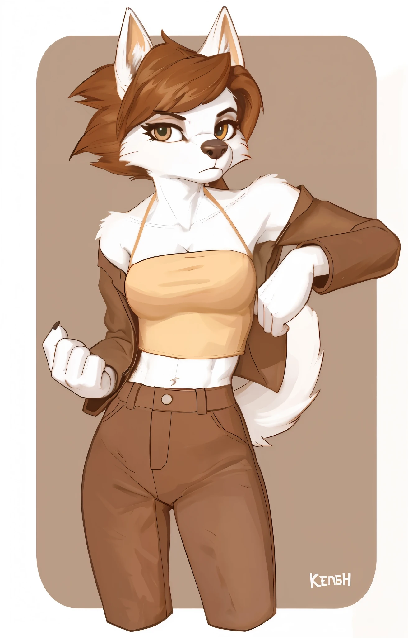 [joel], [Uploaded to e621.net; (Foxovh), (Pixelsketcher), (mayosplash), (sidenart)], ((masterpiece)), ((HD)), ((High res)), ((solo portrait)), ((full body)), ((front view)), ((furry; anthro korean jingo)), ((detailed fur)), ((cel shading)), ((detailed shading)), ((beautiful render art)), {(anthro jingo), (white fur), (pointy ears), (short brown hair), (fluffy tail), (half-closed hazel eyes), (long eyelashes), (athletic), (curvy hips), (beautiful legs), (frown)}, {(brown jacket with fluffy lining), (yellow camisole tank top), (cleavage), (black skinny jeans)}, {(standing), (hand in pocket), (looking at viewer)}, [background; (park), (grass), (clouds in sky), (blue sky), (ambient lighting)]
