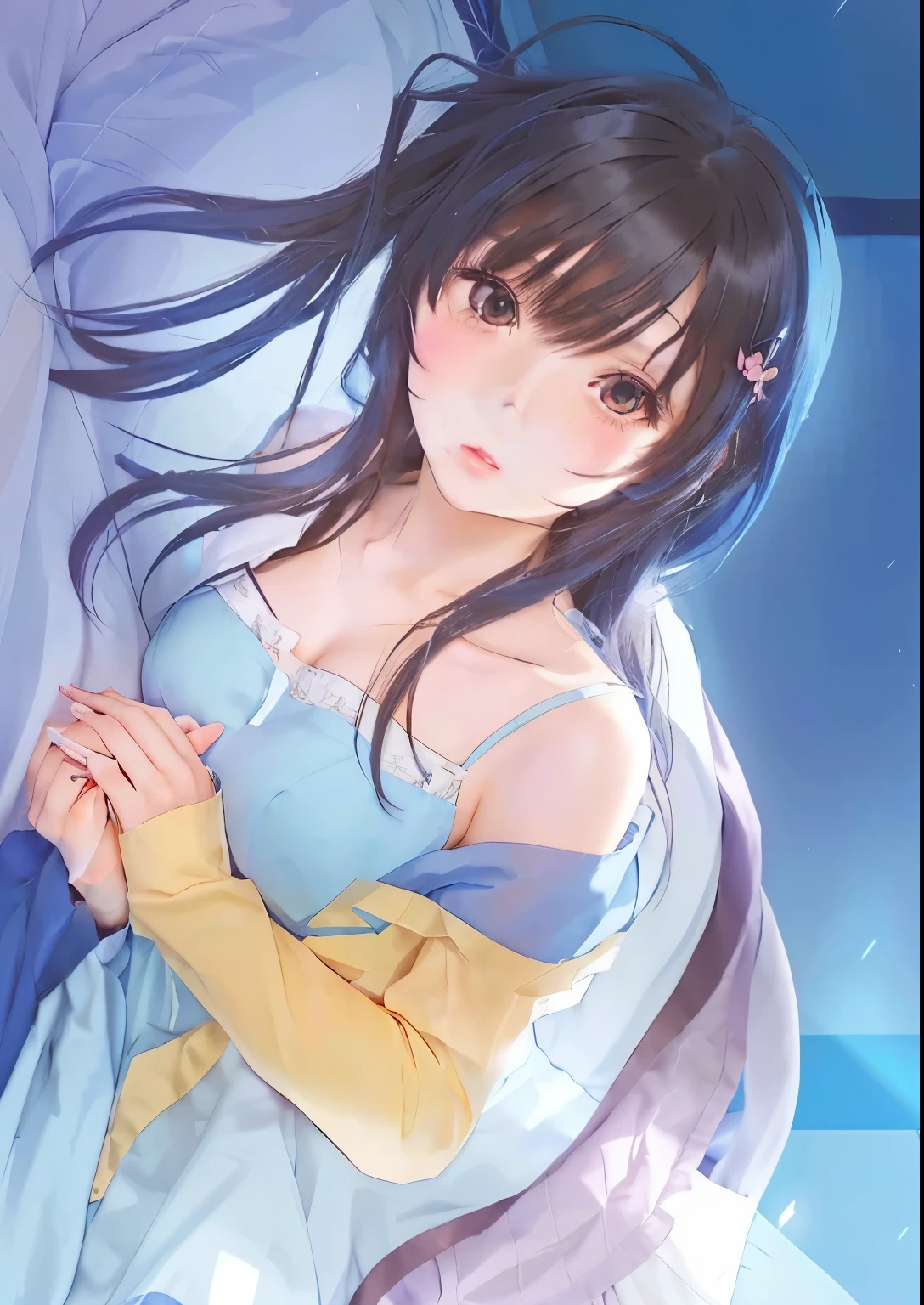 anime girl with long hair and blue dress holding hands, anime moe artstyle, anime visual of a cute girl, soft anime illustration, smooth anime cg art, beautiful anime girl, cute anime waifu in a nice dress, pretty anime girl, hanayamata,  in dress, digital anime illustration, nightcore, anime style 4 k