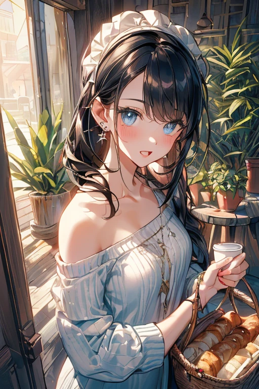 (perky chest:1.2), (pointed chest:1.2),(((Black Tunic:1.3))),(((cakes and bread in the basket),Cute and beautiful girl,Cute round face,Cute smile,with blush cheeks,Red Lip,solo, looking at viewer, open mouth, have a cute grass of cute beergrass,black hair, dark green eyes, dress, bare shoulders, jewelry, collarbone, sidelocks, hairband, earrings, indoors, off shoulder, sweater, arms behind back, plant, short hair with long locks, gild hairband, off-shoulder dress, sweater dress, off-shoulder sweater, black sweater, dark gord hair, big side hair, very long side hair,is rendered in (masterpiece: 1.2, best quality), with (ultra high resolution) and an exquisite (depth of field),(Bangs are see-through bangs),hair pin,hair adornments,detailed clothes features,Detailed hair features,detailed facial features,(Dynamic angles),(Dynamic and sexy poses),Cinematic Light,(masutepiece,top-quality,Ultra-high resolution) ,(The 8k quality,Anatomically accurate facial structure,),(Sea Art 2 Mode:1.3),(Image Mode Ultra HD) ,(Hold a coffee in your hand:1.3),delicate beautiful face, Bright blue eyes, cute eyes, sparkling eyes, Big eyes, (perky chest:1.1), (pointed chest:1.3), looking at viewer,