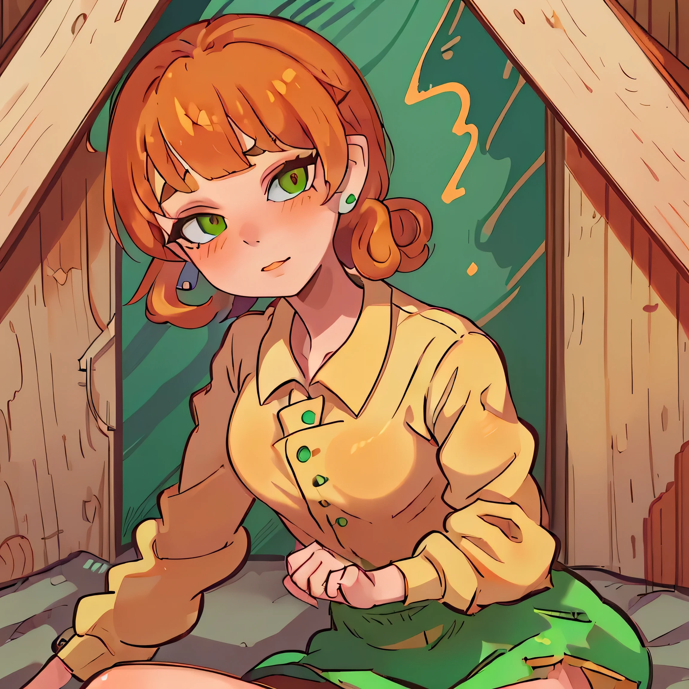 best quality, (masterpiece),(ultra-detailed), (high quality), (high resolution), 1girl, bangs, soft smile, slght head tilt, orange brows, blush, closed mouth, earrings, green eyes, looking at viewer, orange hair, penny, shirt, skirt, solo, stud earrings, face close up, shy, penny, close up