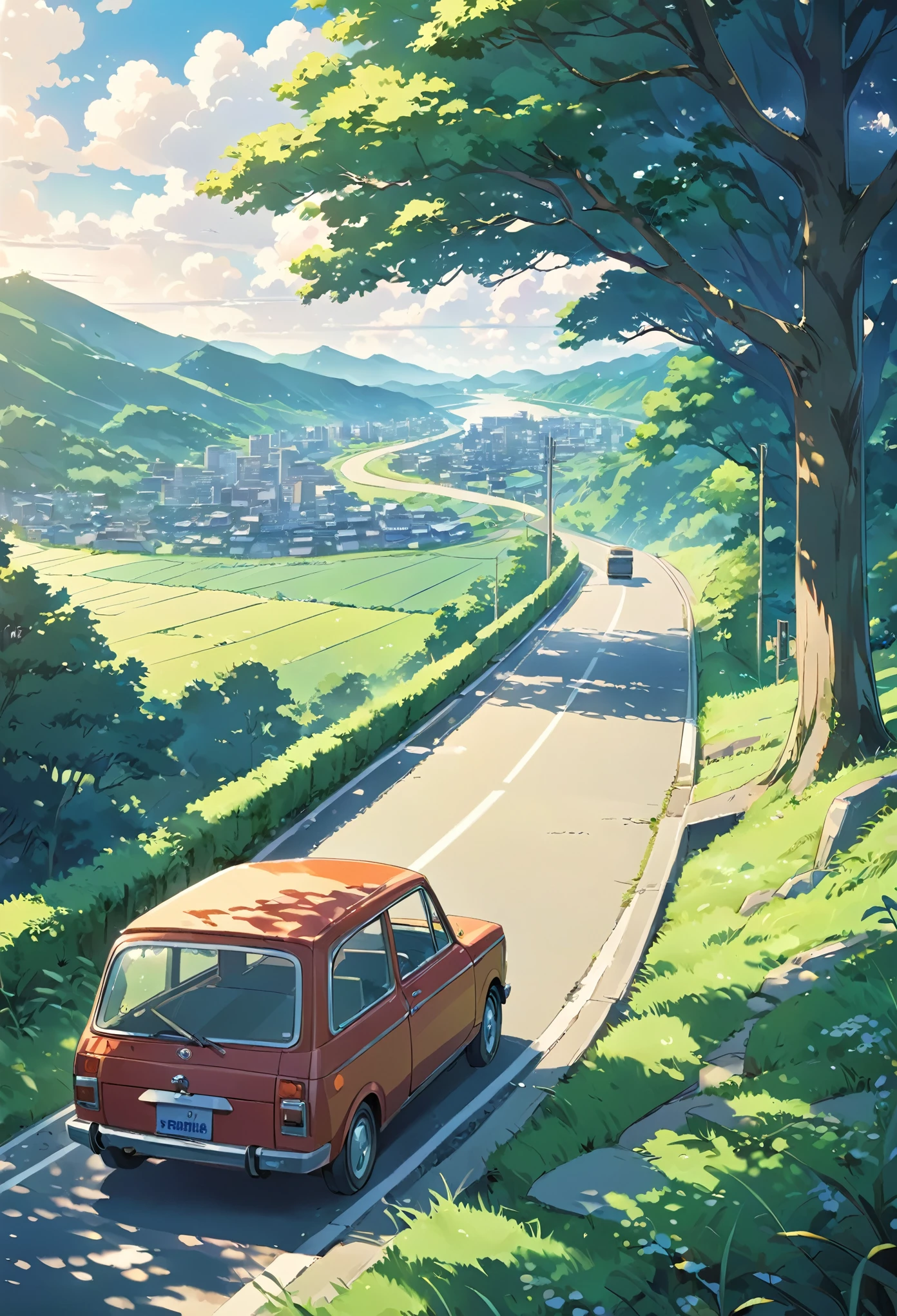 a painting of a car driving down a road next to a lush green hillside, anime countryside landscape, makoto shinkai. high detail, by Kaii Higashiyama, anime landscape, anime landscape wallpaper, by makoto shinkai, by Makoto Shinkai, anime. by makoto shinkai, hd anime cityscape, anime scenery concept art, anime scenery, style of makoto shinkai, makoto shinkai art style, anime. by makoto shinkai, by Makoto Shinkai, by makoto shinkai, anime scenery, kyoto animation, 4k hd,, beautiful art uhd 4 k, a beautiful artwork illustration, beautiful digital painting, highly detailed digital painting, beautiful digital artwork, detailed painting 4 k, very detailed digital painting, rich picturesque colors, gorgeous digital painting, saturated, no human