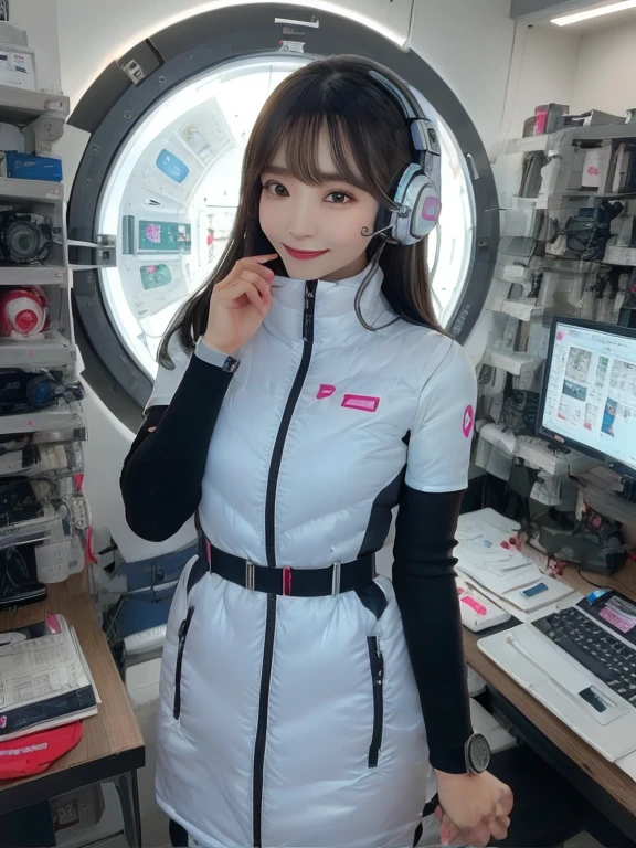 masterpiece, highest quality, Very detailed, 8K Portrait,Japanese Android Girl,plump , Control panel,Robotic arms and legs, Blunt bangs,,break (Metallic Gray, Metallic luster, Mirror finish, Astro Best):5,headphone:5,break (Black sleeves):100,Smart Watches,Futuristic space station,Control Room,break headphone,blue eyes,(Black Hair):2,(Long Hair):1.3,View the viewer,(respirator),break blush:3,Hidden Hand,smile