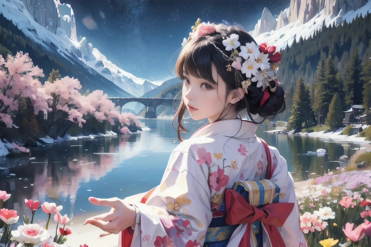 (((highest quality))), (8k, 32k, masterpiece, Ultra-high resolution:1.2),Beautiful Japanese Women Photos, One girl,  alone, Flower pattern kimono, whole body, Ultra HD, real, (Beautiful Face 1.4 Maidens), (Medium Milk, Narrow waist), Bokeh, micron, Glowing Skin, head, Natural Makeup, From the back, Starry Sky, Waterfront  