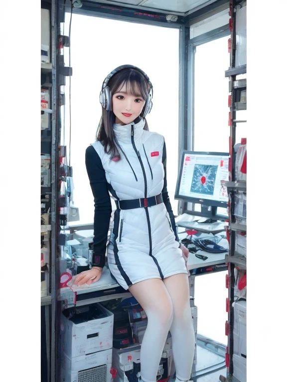 masterpiece, highest quality, Very detailed, 8K Portrait,Japanese Android Girl,plump , Control panel,Robotic arms and legs, Blunt bangs,,break (Metallic Gray, Metallic luster, Mirror finish, Astro Best):5,headphone:5,break (Black sleeves):100,Smart Watches,Futuristic space station,Control Room,break headphone,blue eyes,(Black Hair):2,(Long Hair):1.3,View the viewer,(respirator),break blush:3,Hidden Hand,smile