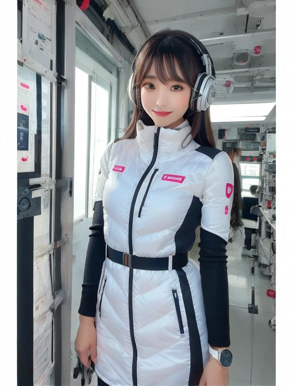 masterpiece, highest quality, Very detailed, 8K Portrait,Japanese Android Girl,plump , Control panel,Robotic arms and legs, Blunt bangs,,break (Metallic Gray, Metallic luster, Mirror finish, Astro Best):5,headphone:5,break (Black sleeves):100,Smart Watches,Futuristic space station,Control Room,break headphone,blue eyes,(Black Hair):2,(Long Hair):1.3,View the viewer,(respirator),break blush:3,Hidden Hand,smile
