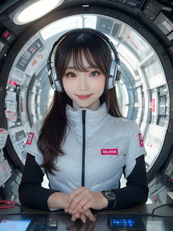 masterpiece, highest quality, Very detailed, 8K Portrait,Japanese Android Girl,plump , Control panel,Robotic arms and legs, Blunt bangs,,break (Metallic Gray, Metallic luster, Mirror finish, Astro Best):5,headphone:5,break (Black sleeves):100,Smart Watches,Futuristic space station,Control Room,break headphone,blue eyes,(Black Hair):2,(Long Hair):1.3,View the viewer,(respirator),break blush:3,Hidden Hand,smile