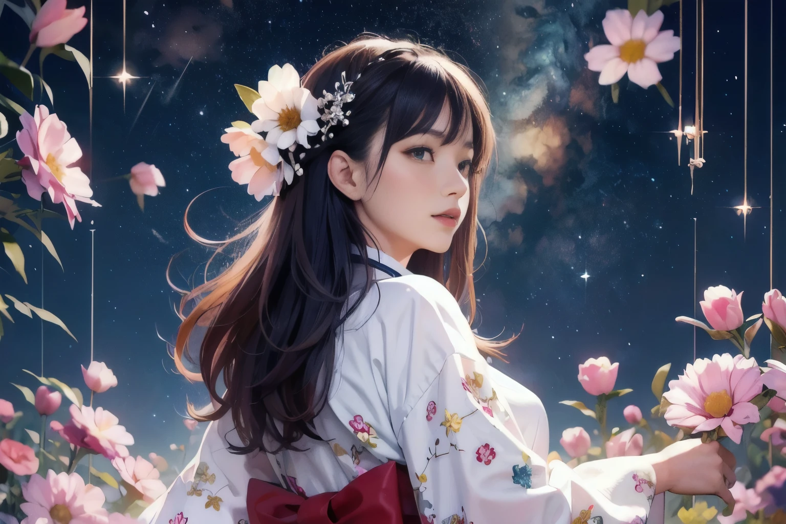 (((highest quality))), (8k, 32k, masterpiece, Ultra-high resolution:1.2),Beautiful Japanese Women Photos, One girl, alone, Flower pattern kimono, whole body, Ultra HD, real, (Beautiful Face 1.4 Maidens), (Medium Milk, Narrow waist), Bokeh, micron, Glowing Skin, head, Natural Makeup, From the back, Starry Sky, Waterfront