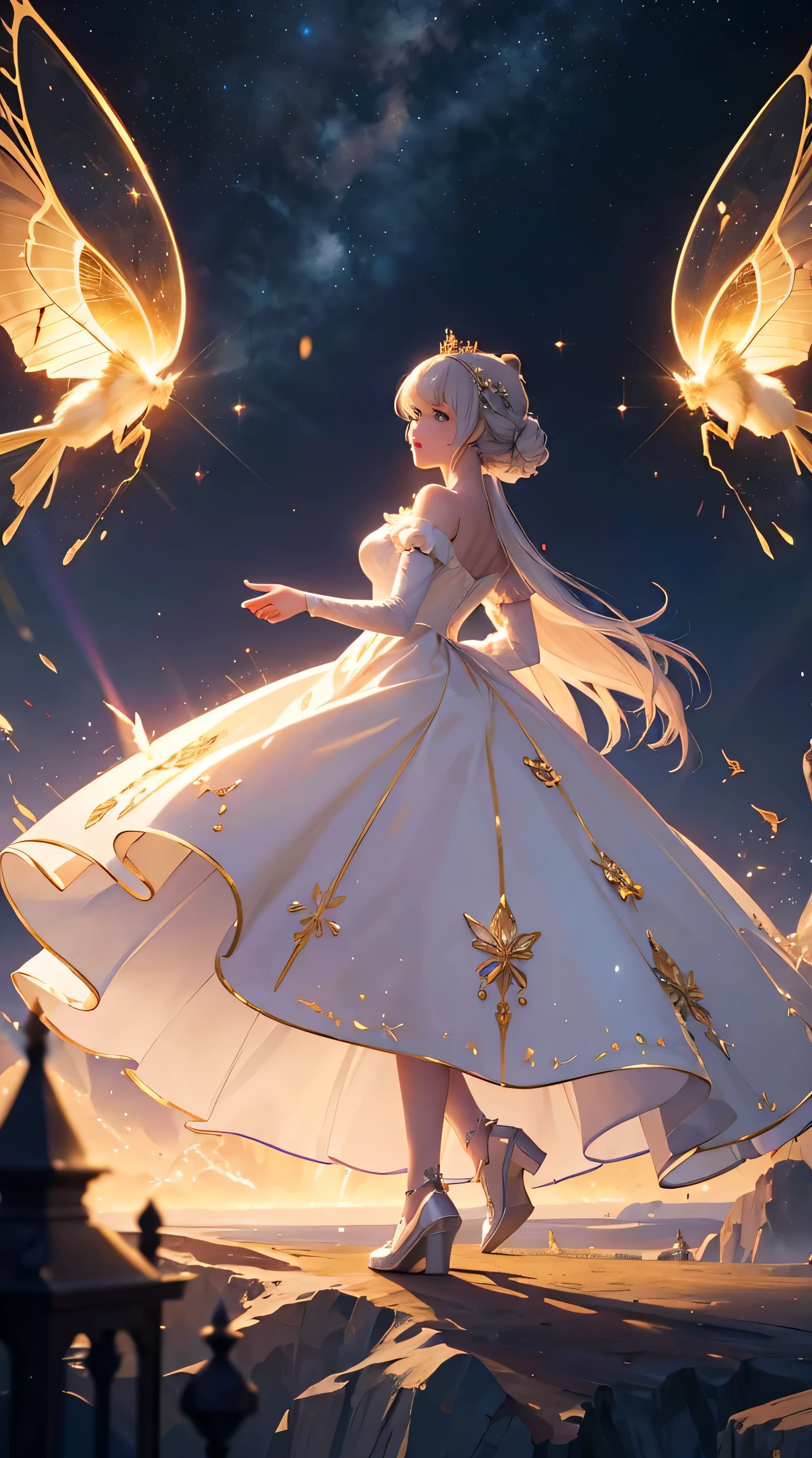European princess dresses,Princess Europe , Noble princess dress, white dress, white princess glass shoes, golden yellow butterfly particles, firefly atmosphere,background blur, anime style 4 K, anime fantasy artwork, dark royal background, 4k anime wallpaper, Artwork in the Guvez styleHD lighting and dark )<=(epic image quality)dark atmosphere with bright particle light(many effects in background)