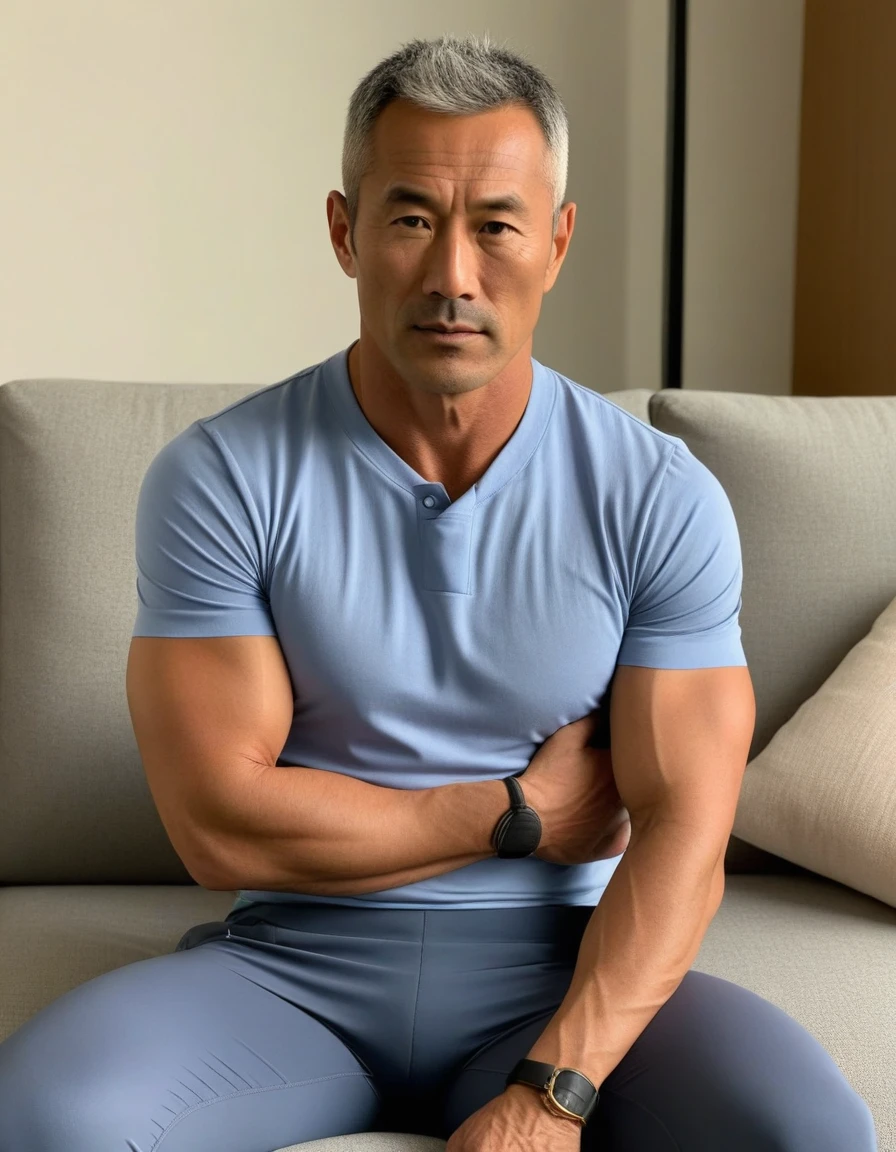 1man, japanese dilf, physical education teacher, 40yo, boned nose, gray hair, tanned skin, forehead, handsome, masculine, square face, middle-muscular, stocky waist, BREAK solo, simple shirt, sitting on sofa, wideshot, interview scene, upperbody, 8k, sharp focus, extreme all detailed