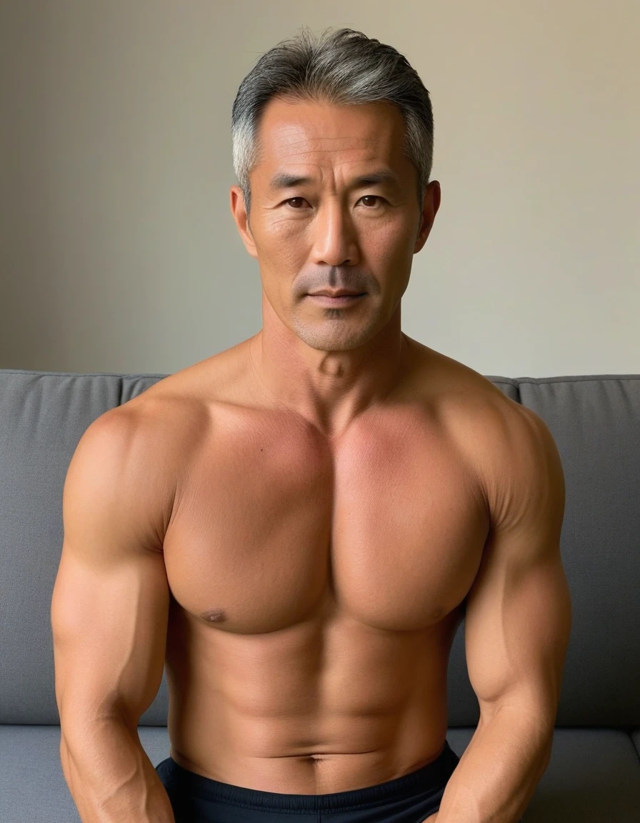 1man, japanese dilf, physical education teacher, 40yo, boned nose, gray hair, tanned skin, forehead, handsome, masculine, square face, middle-muscular, stocky waist, BREAK solo, simple shirt, sitting on sofa, wideshot, interview scene, upperbody, 8k, sharp focus, extreme all detailed