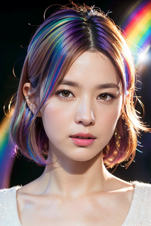 (Highly detailed CG synthesis 8k wallpaper, masterpiece, highest quality, Super Detailed, Best Shadow), (Rainbow Hair: 1.4), (Detailed Background) (8k, masterpiece, highest quality, Super Detail: 1.2), 1 girl, brown hair, short hair, Highly detailed face, Beautiful and detailed, Beautiful and delicate lips, Cinema Lighting, Cinema Lighting, Ray Tracing, figure, Messy Hair, Victoria&#39;s Secret white lingerie,