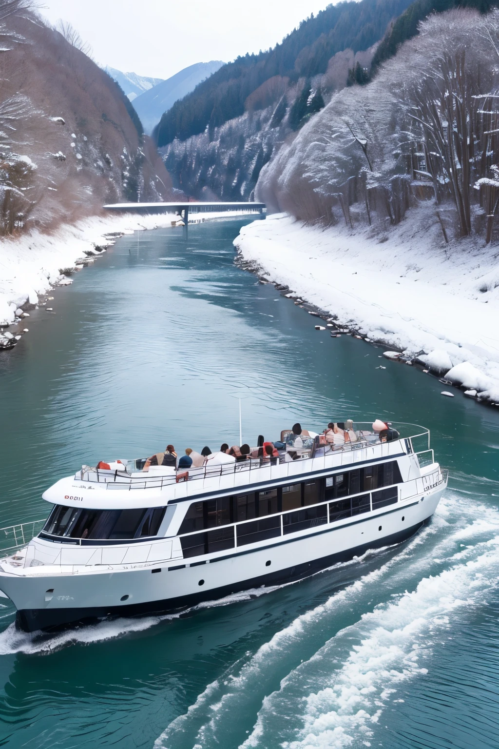 「Hozugawa River Cruise」Midwinter、Harsh winter、全部pure white、it's snowing、There are rapids and huge rocks scattered around.、it's snowing、Freezing、pure white、Close-up、Splash。