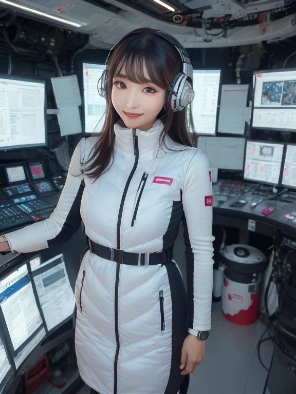 masterpiece, highest quality, Very detailed, 8K Portrait,Japanese Android Girl,plump , Control panel,Robotic arms and legs, Blunt bangs,,break (Metallic Gray, Metallic luster, Mirror finish, Astro Best):5,headphone:5,break (Black sleeves):100,Smart Watches,Futuristic space station,Control Room,break headphone,blue eyes,(Black Hair):2,(Long Hair):1.3,View the viewer,(respirator),break blush:3,Hidden Hand,smile