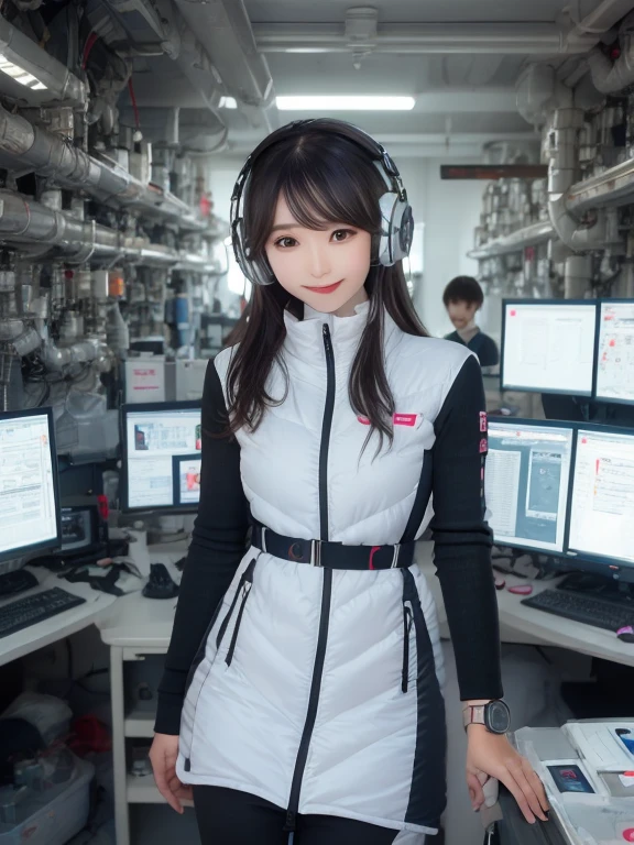 masterpiece, highest quality, Very detailed, 8K Portrait,Japanese Android Girl,plump , Control panel,Robotic arms and legs, Blunt bangs,,break (Metallic Gray, Metallic luster, Mirror finish, Astro Best):5,headphone:5,break (Black sleeves):100,Smart Watches,Futuristic space station,Control Room,break headphone,blue eyes,(Black Hair):2,(Long Hair):1.3,View the viewer,(respirator),break blush:3,Hidden Hand,smile