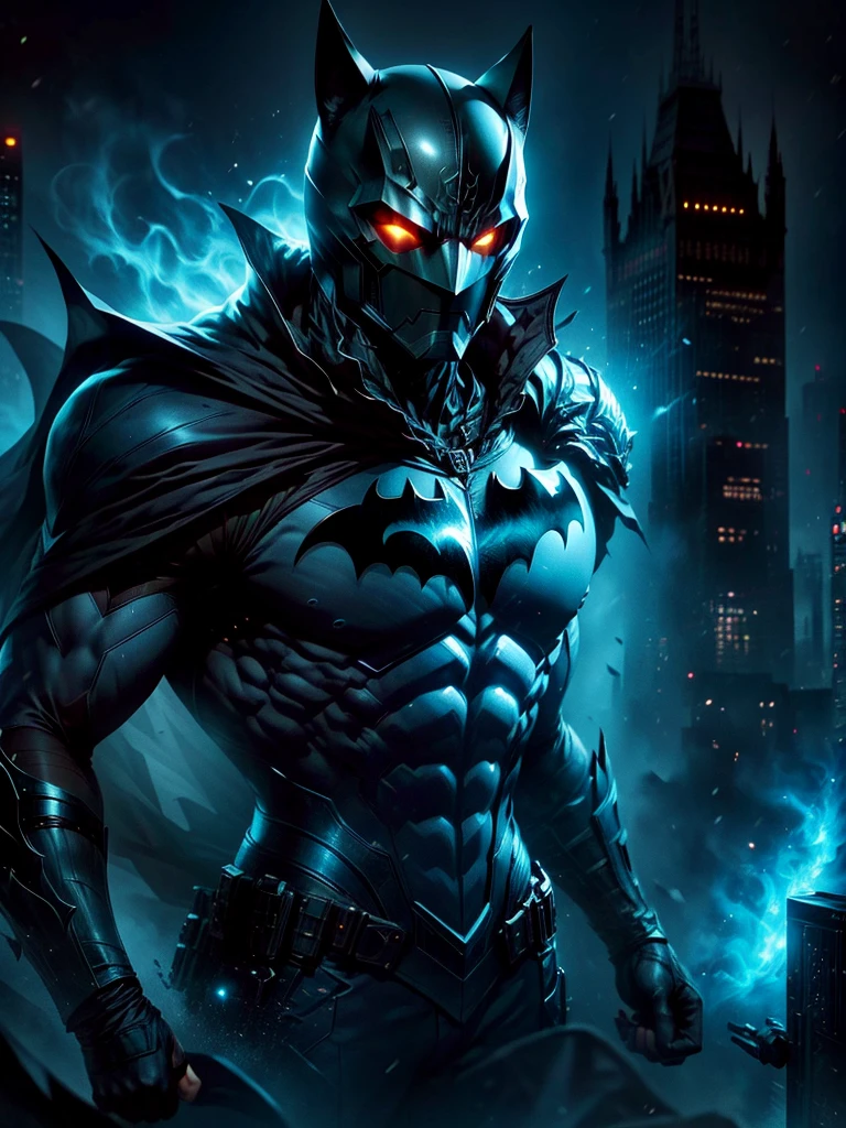 A dark and mysterious city at night, with gothic architecture that towers into the moonlit sky. In the foreground, a masked vigilante stands on a rooftop, overlooking the city. Dressed in a dark, armored suit, the vigilante's cape billowing in the wind. This character is not Batman, but an original character, with distinguishing features that set him apart: his suit is a deep shade of blue, and his mask is more streamlined, giving him a unique silhouette. A signal light flashes in the sky, silhouetting a nimble black feline against the bright moon. This is meant for a YouTube video thumbnail.