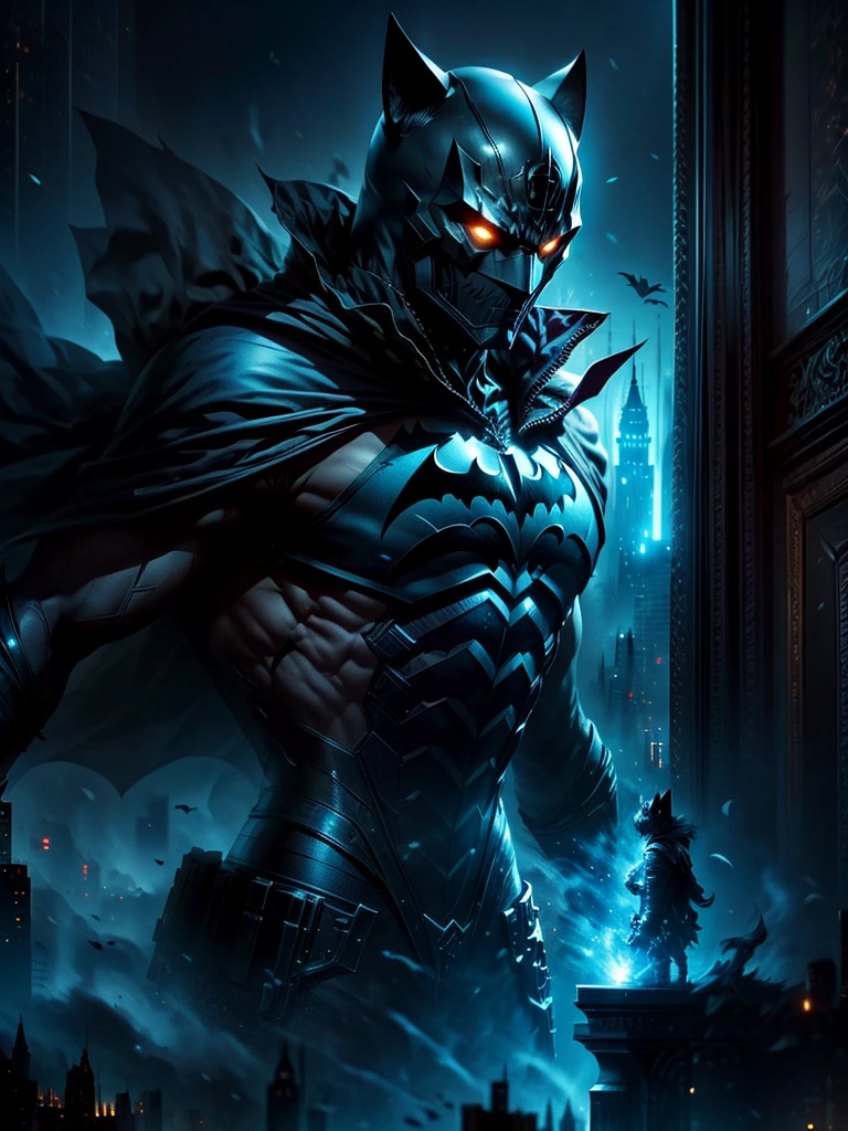 A dark and mysterious city at night, with gothic architecture that towers into the moonlit sky. In the foreground, a masked vigilante stands on a rooftop, overlooking the city. Dressed in a dark, armored suit, the vigilante's cape billowing in the wind. This character is not Batman, but an original character, with distinguishing features that set him apart: his suit is a deep shade of blue, and his mask is more streamlined, giving him a unique silhouette. A signal light flashes in the sky, silhouetting a nimble black feline against the bright moon. This is meant for a YouTube video thumbnail.
